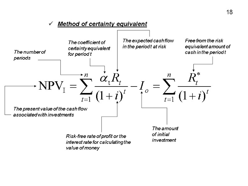Method of certainty equivalent The present value of the cash flow associated with investments